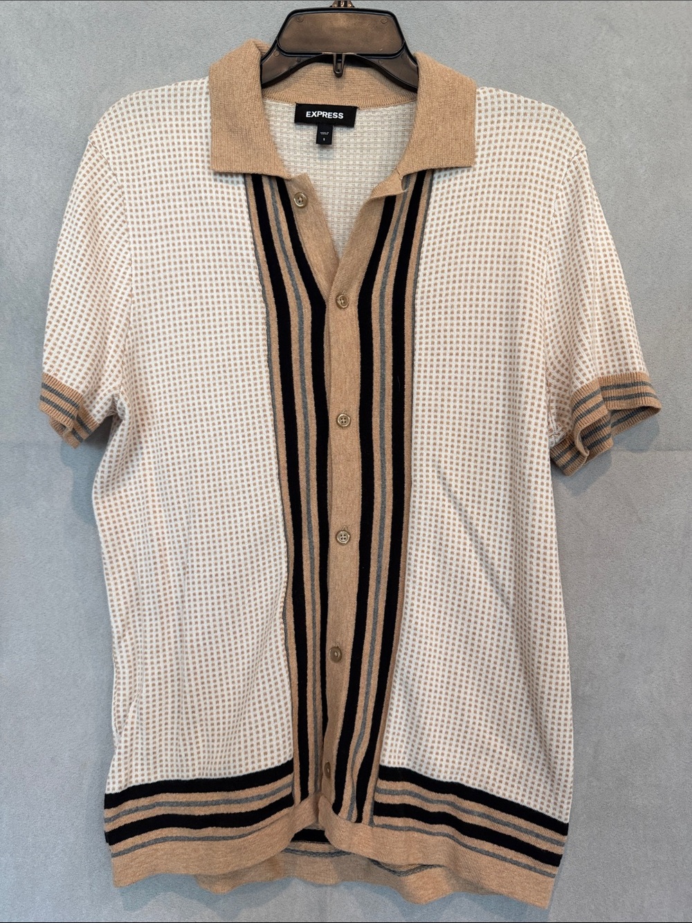 Express Beige and Black Striped Short-Sleeve Polo. LIKE NEW!